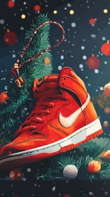 Red holiday sneaker illustration with festive tree lights.