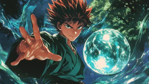 Energetic male mage forming luminous aqua sphere, mid-cast