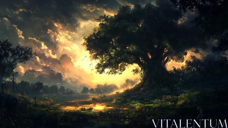 Sunlit tree dominates moody wetland under dramatic clouds