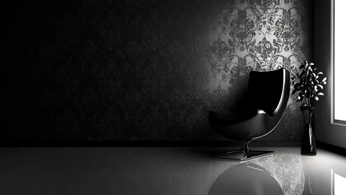 High-gloss black lounge chair anchors a minimalist tonal study