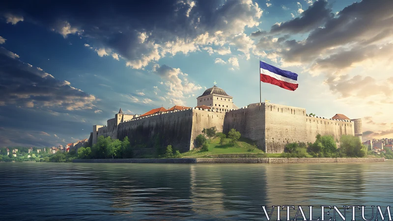 Medieval Fortress Citadel Along River Under Dynamic Sky