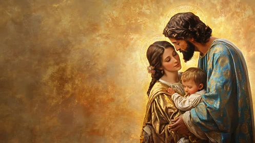 Holy family embraces under radiant gold textured background