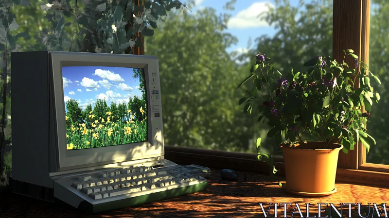 Vintage desktop glowing beside sunlit potted plant by window.