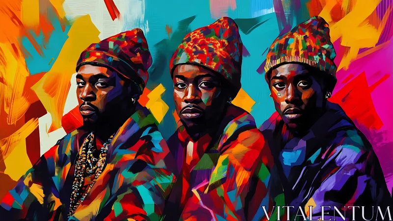 Triadic portrait in saturated polygonal brushwork and neon palette