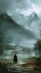 Cloaked figure traverses misty glacial valley under towering peaks