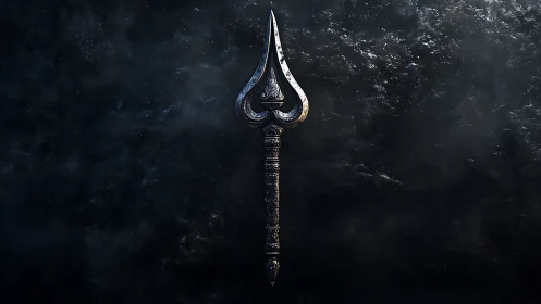 Ornate trident spear rendered against dark textured void