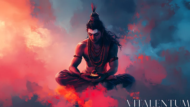 Meditating ascetic figure amid bicolor volumetric nebula field