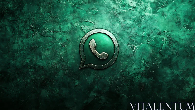 Metallic WhatsApp glyph on textured emerald concrete surface