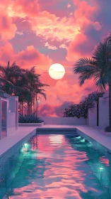 Sunset pool reflects saturated pink clouds and round sun