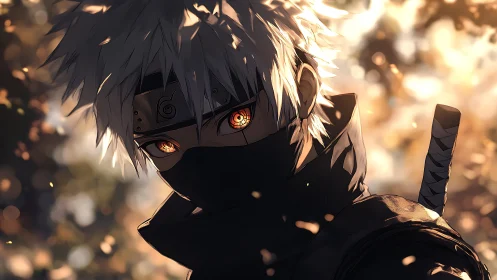 Masked silver ninja under ember-lit forest dusk gaze.