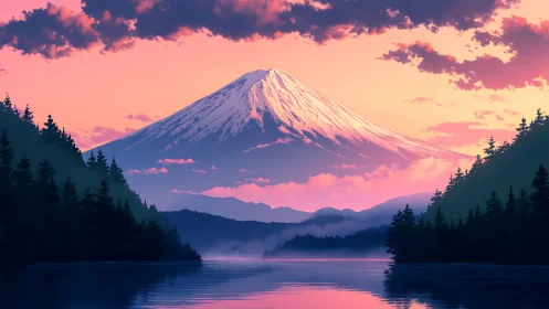 Sunrise calm over snowcapped mountain and misty lake.