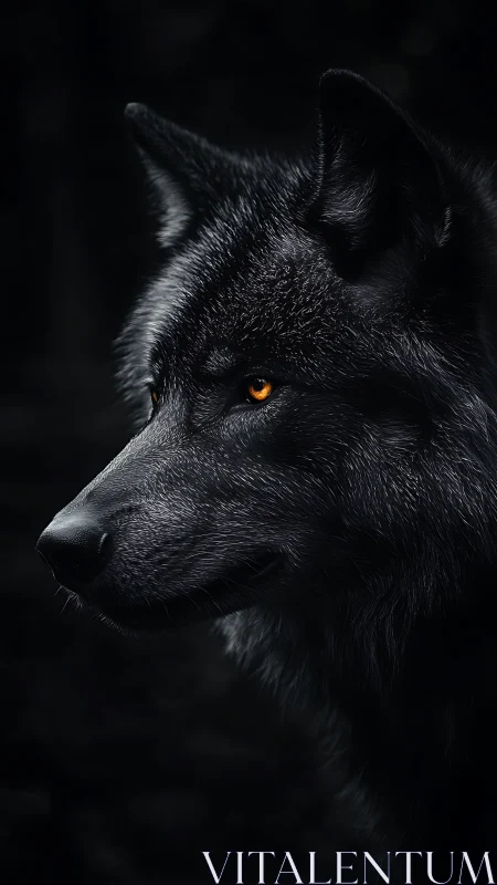 Black wolf portrait with intense amber eyes in shadow.