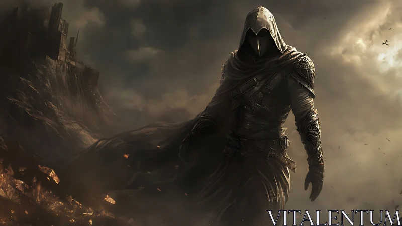 Hooded Wraith Warrior in Stormlit Ruins, Dark Fantasy Digital Painting.