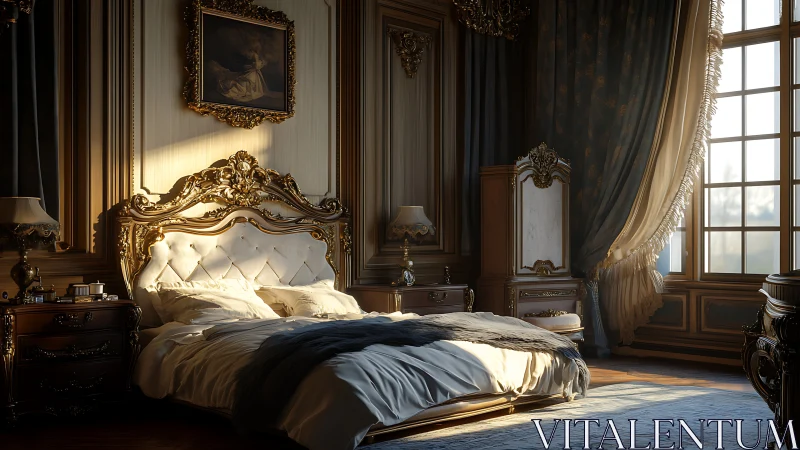 Luxurious baroque bedroom glows in golden morning light.