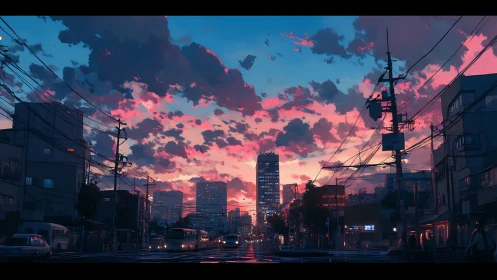 Urban dusk corridor with volumetric clouds and powerlines.