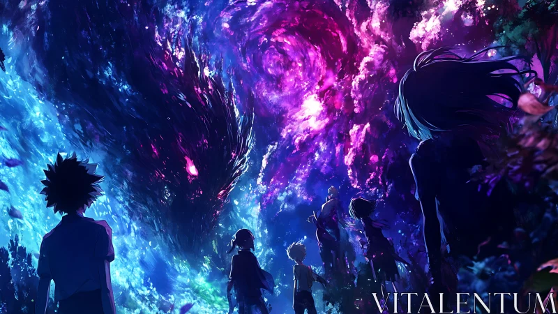 Young adventurers confront a swirling cosmic portal at night