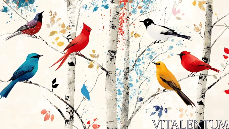 Colorful Songbirds on Birch Trees in Modern Watercolor Style.