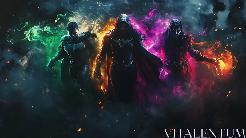 Elemental cloaked heroes stride through burning neon storm.