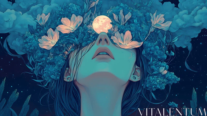 Moonlit woman merges with blooming night sky dreamscape
