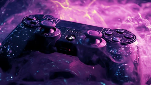 Game controller in synthetic liquid with neon lighting.