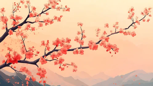 Cherry blossom branches drift softly above hazy pastel hills