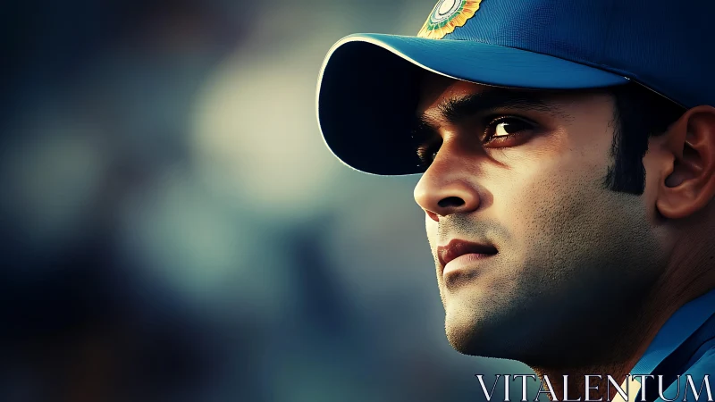 Intense cricket player portrait in cool cinematic light.