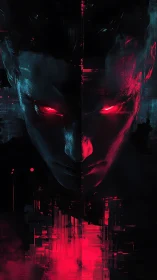 Intense cybernetic face glows with split red and blue light