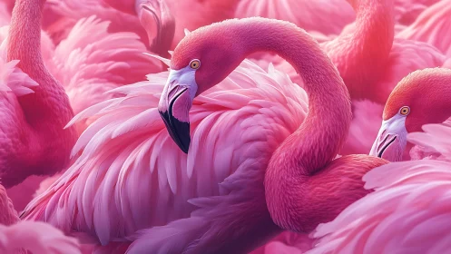 Vibrant digital flamingo flock with layered pink plumage.