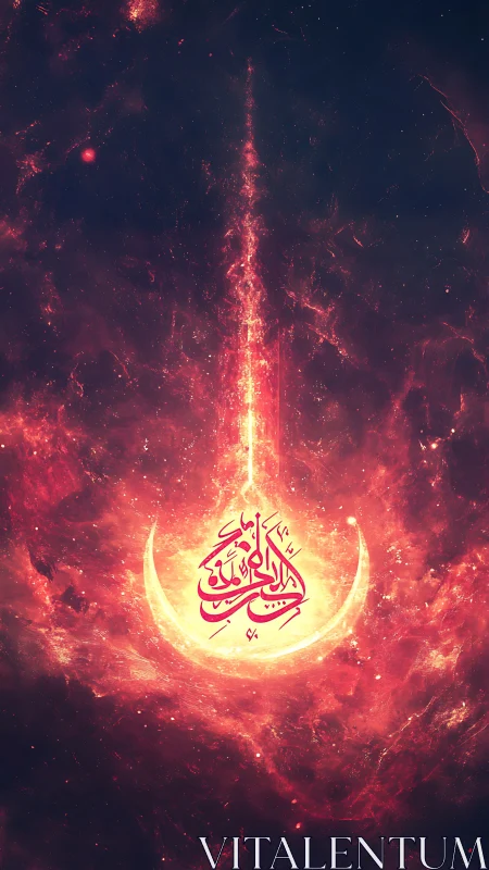 Crescent nebula frames luminous Arabic calligraphy core.