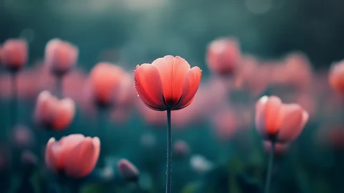 Dewdrops and Coral Petals in Soft Focus.