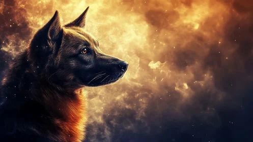 German shepherd portrait against blazing cosmic light.