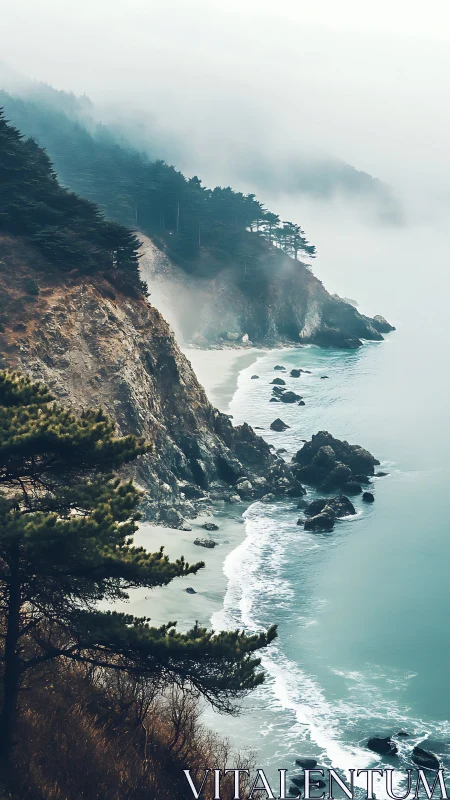 Misty pine cliffs embrace a dreaming turquoise shoreline.