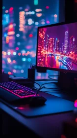 Neon city lights glow across a cozy late night desktop setup