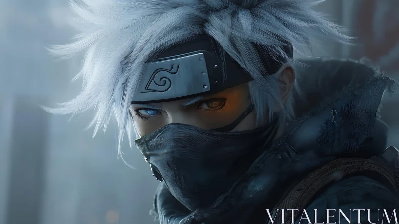 Stormlit shinobi gaze carves silence through winter mist