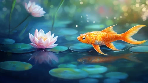 Golden koi drifting toward soft-lit lotus bloom at dusk.