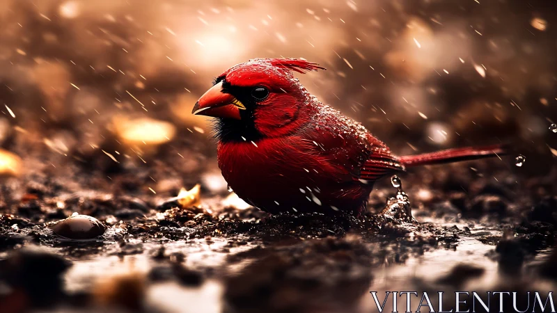 Vibrant red cardinal bird in dramatic rain, cinematic wildlife art.