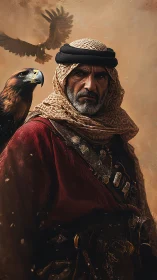 Desert falconer stands storm-still beneath circling wings