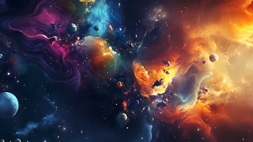 Cosmic nebula clouds mix vivid colors with scattered planets