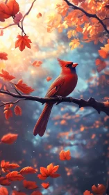 Scarlet cardinal perched in swirling autumn firelight dream.