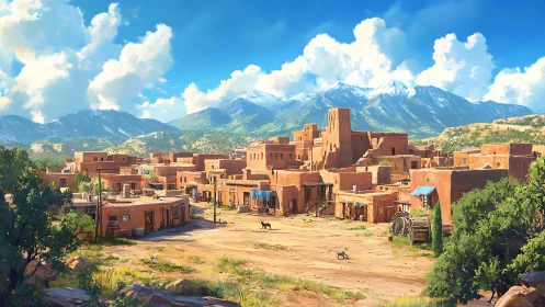 Sunlit adobe village beneath distant snowcapped ranges.