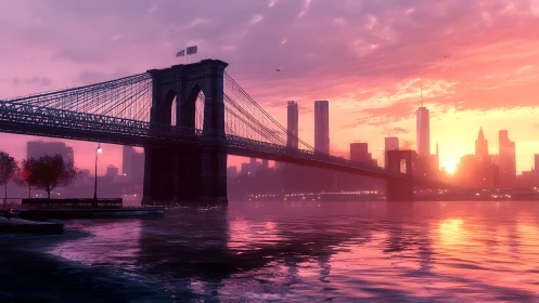 Brooklyn Bridge glows in a vivid pink and orange sunset.