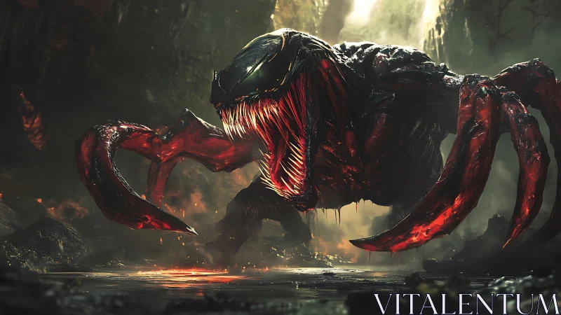 Bioluminescent chitinous demon beast in volcanic cavern