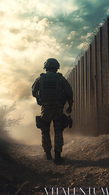 Armored soldier walking along fortified border fence.