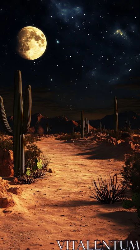Moonlit desert trail hums beneath a sky of scattered embers.