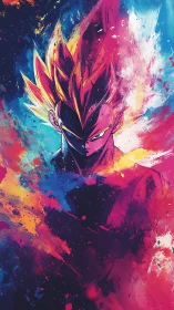 Energetic anime warrior rendered in high-contrast splatter gradients