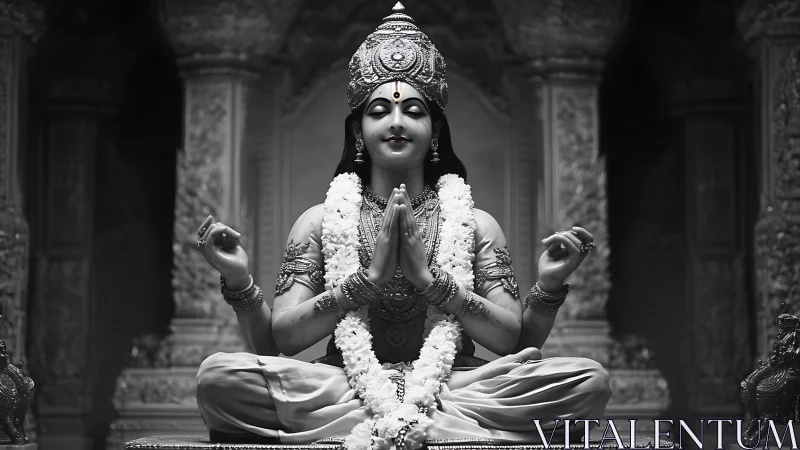 Monochrome Hindu deity statue in serene lotus meditation.