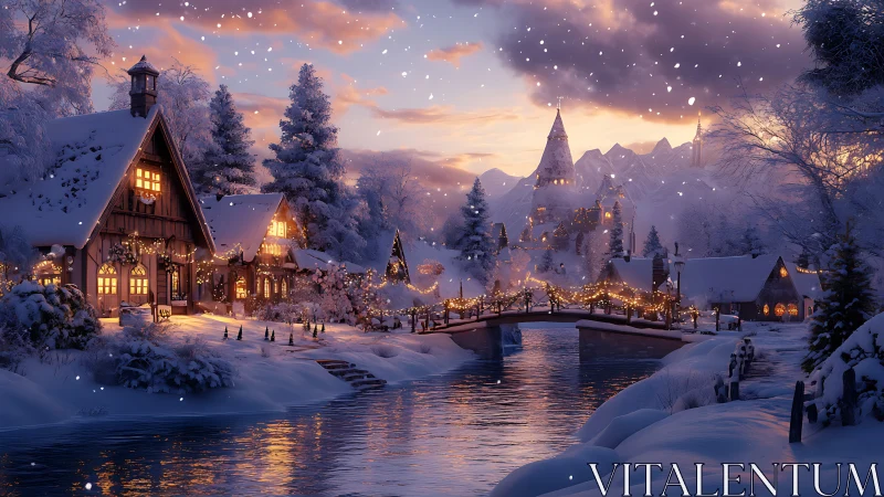 Snowy village river scene with warm cottage lights at dusk.