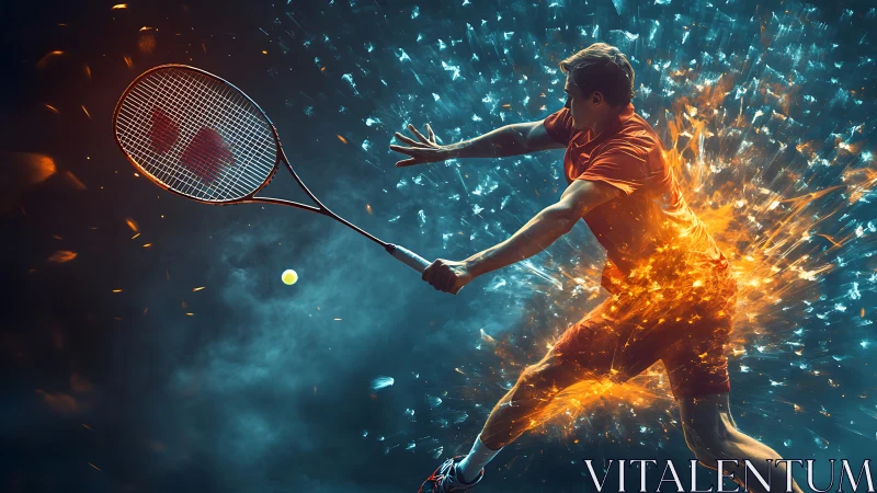 Explosive badminton smash captured in fiery motion burst.