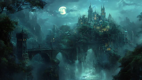 Moonlit gothic fortress city above misty river gorge.