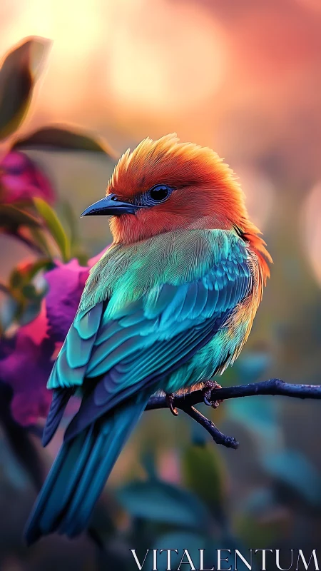 Multicolored songbird on branch against blurred sunset field.